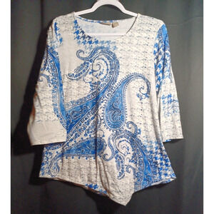 Chico’s Size 2 Blue Paisley Cotton Shirt White Bling Accent Y2Kcore 3/4 Sleeve